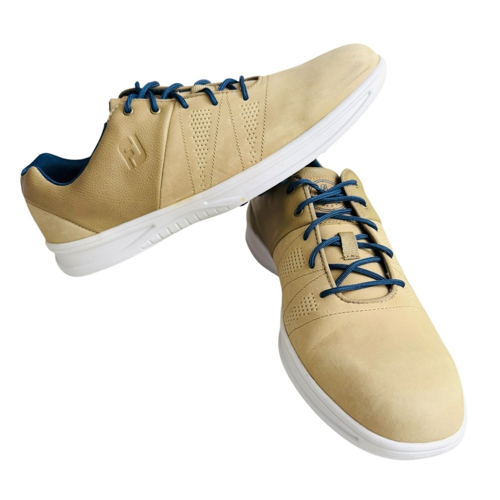 FootJoy Men’s Spikeless Golf Shoes Size 12M Tan Beige Leather Blue Lace Athletic